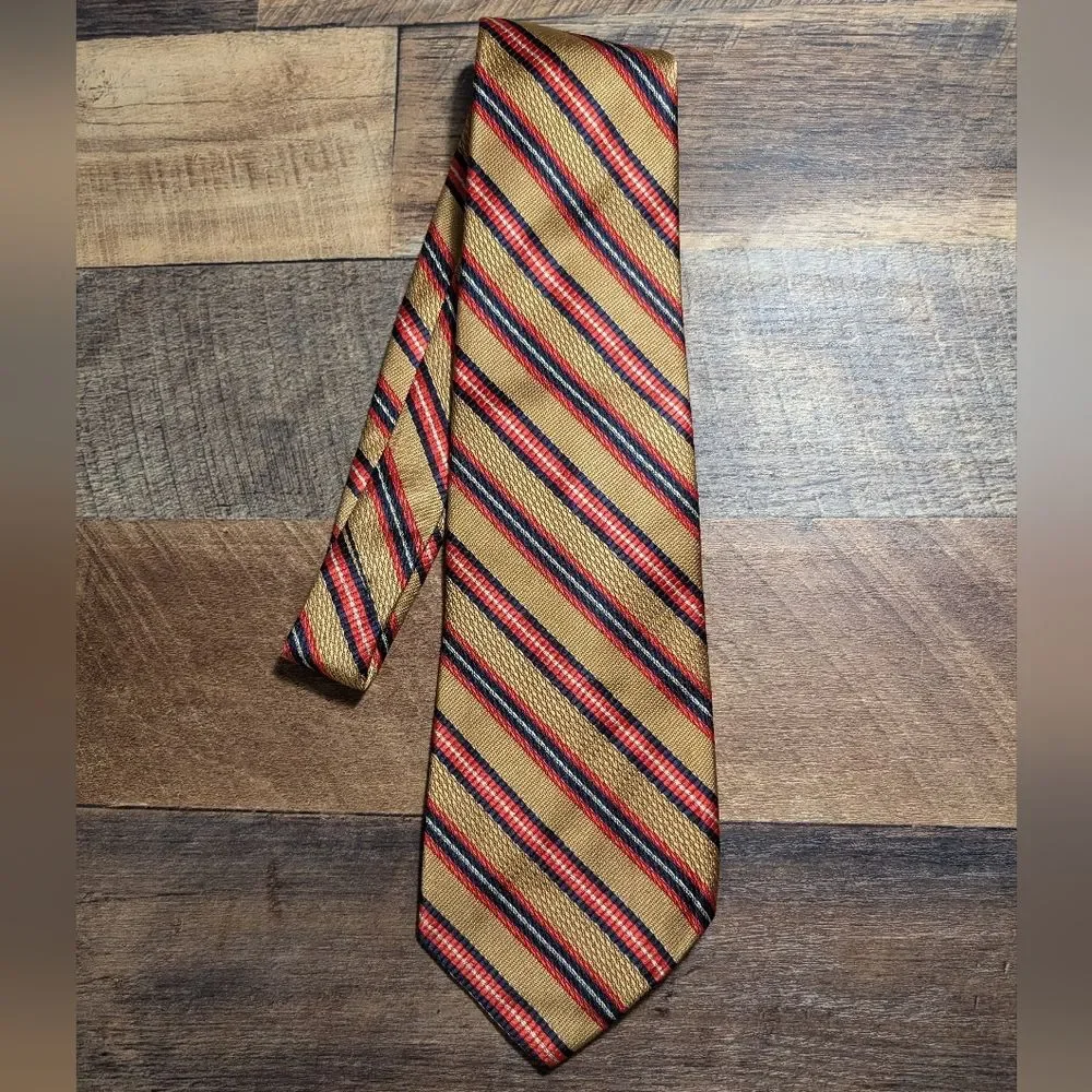 Vintage Lanvin 100% Silk Striped Pattern Tie in Mustard Red Navy White Colorful